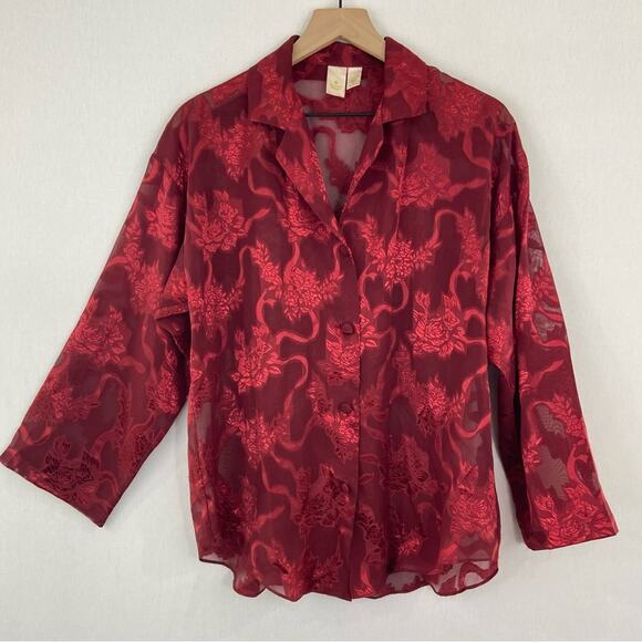 Vintage 80s Victoria Secret Red Pajama Set Small Sheer Metallic Floral Jacquard - Picture 2 of 11